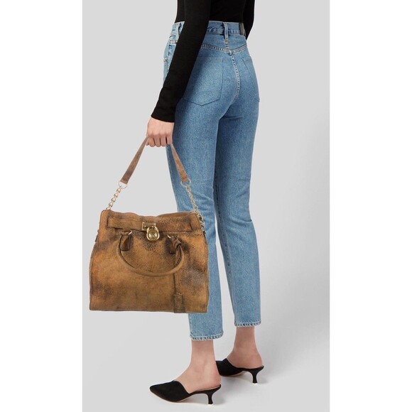 Michael Kors Hamilton Brown Suede  Distressed Purse Satchel Bag Tote Shoulder - Picture 1 of 3